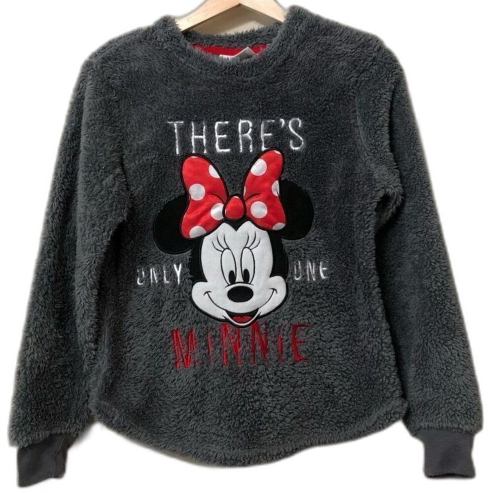 Disney Minnie Mouse Gray Fuzzy Fleece Long Sleeve Pullover Sweater Women's Small